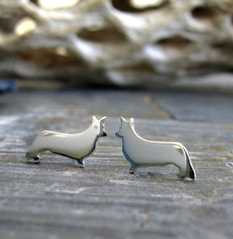 Poseidon s Booty Cardigan Corgi Dog Silhouette Stud Earrings Handmade in The USA 14K Gold Filled