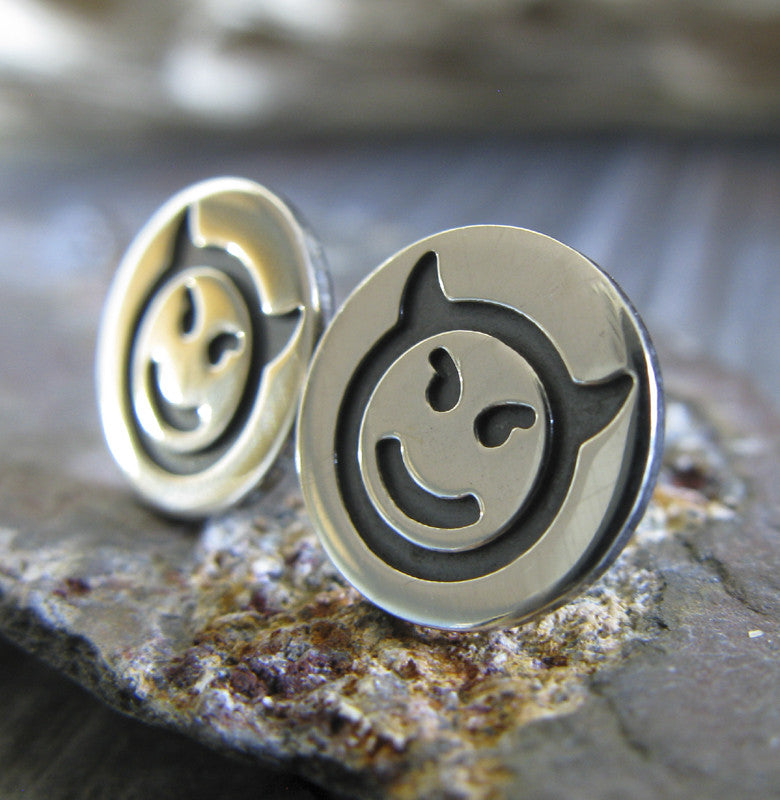 Devil Emoji Stud Earrings Handmade in USA from sterling silver