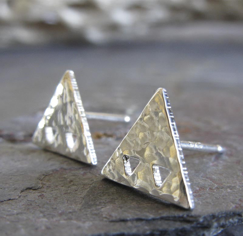 Poseidon s Booty Triangle Post Earrings Handmade in The USA Polished Sterling Silver Textured