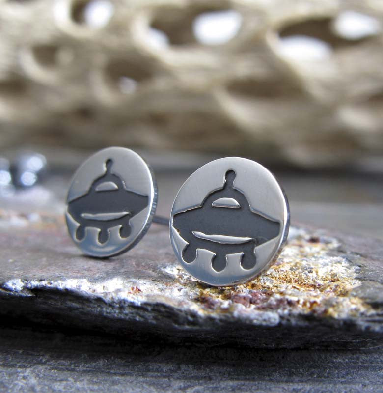 UFO Alien Sci fi Stud Earrings Handmade in USA from sterling silver Poseidon s Booty
