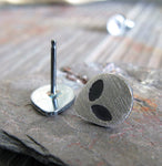 Small Alien stud earrings handmade in brushed sterling silver