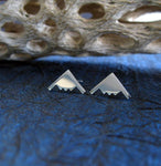 Tiny silver b2 bomber stud earrings on blue background with driftwood