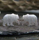Bear stud earrrings handmade in brushed sterling silver