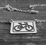 Bike necklace engraved in sterling silver. Dainty bicycle jewelry