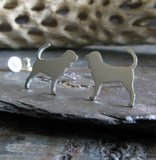 Bloodhound dog stud earrings handmade in sterling silver and 14k gold