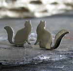 Cat Earrings with fluffly tail handmade studs in sterling silver or 14k gold