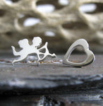 Cupid and heart mismatched stud earrings in sterling silver or solid 14k gold