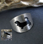 Basset Hound Sterling Silver Ring with Engraved Pet Name on Black Background with Tree Branch