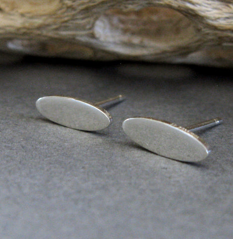 Slim oval stud earrings handmade in sterling silver or 14k gold