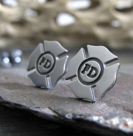 Fireman jewelry. Sterling silver badge studs for firefighters.