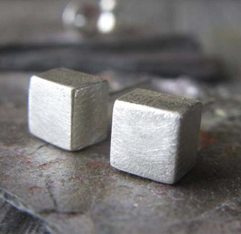 Solid Sterling Silver Brushed Cube Earrings