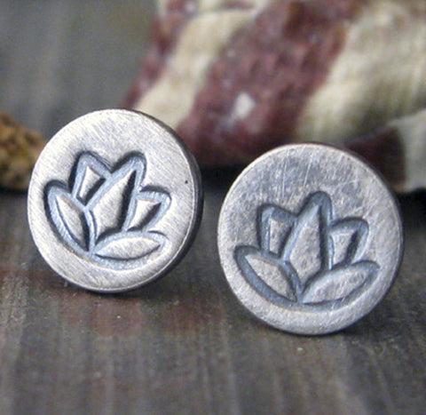 Lotus sterling silver oxidized and brushed stud earrings 