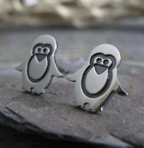 Sterling Penguin stud earrings.  Handcrafted in sterling silver or 14k gold