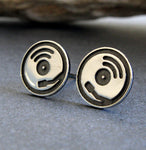 Record player stud earrings handmade in sterling silver