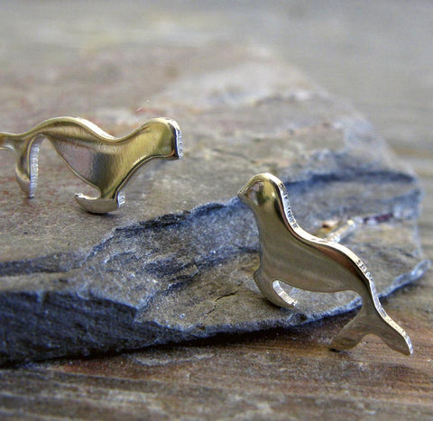 Sea Lion Stud Earrings in Sterling Silver or 14k Gold