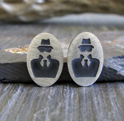 Spy sterling silver stud earrings. Secret Agent handmade jewelry