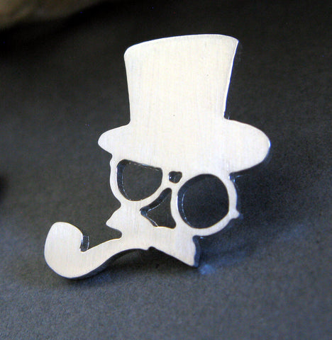 Silver steampunk man tie tack pin with top hat glasses mustache and pipe on black
