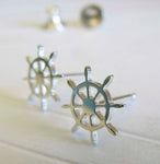 The Ship Wheel dainty sterling silver stud earrings handmade in the USA
