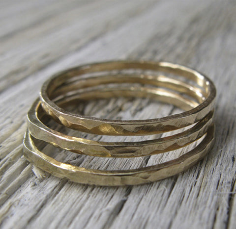Set of 3 Thin 14k Gold Hammered Stacking Rings