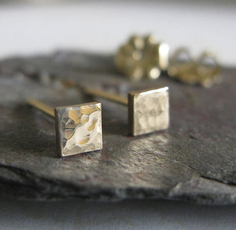 Tiny Square Hammered Gold Stud Earrigs