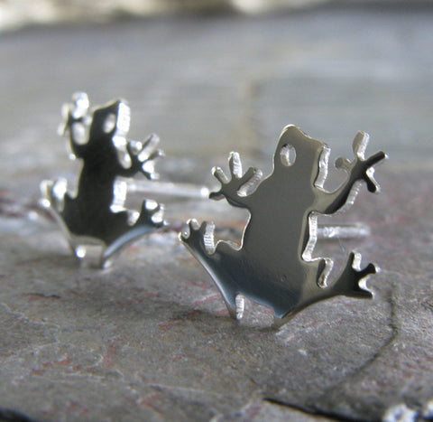 Frog stud earrings handcrafted from sterling silver or 14k gold