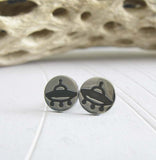 UFO Alien stud earrings. Handmade Sterling Silver geek jewelry.
