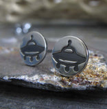 UFO Alien stud earrings. Handmade Sterling Silver geek jewelry.
