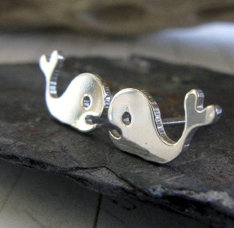 Whale with a Heart Tail Stud Earrings in Sterling Silver or 14k Gold