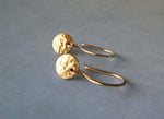 tiny gold earrings wiht disc on blue gray background