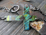 Sideways copper patina cross and sterling silver bracelet