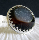 Brown Agate druzy gemstone ring on black and white background